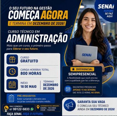 Imagem da notícia Curso técnico em Administração tem vagas abertas em Sonora, Coxim, Figueirão e Rio Verde